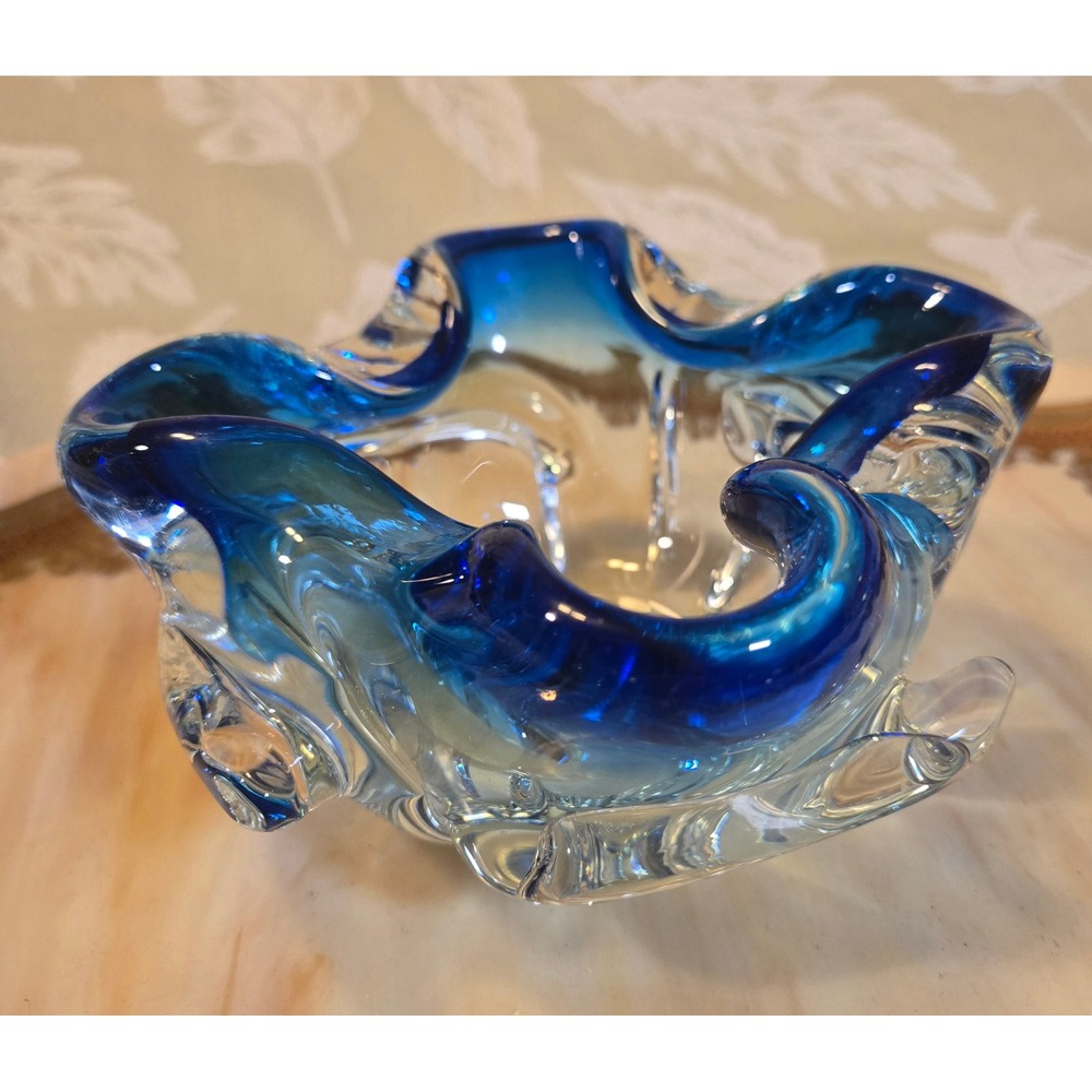 Vintage Murano Style Art Glass Bowl Cobalt Blue Sommerso Ruffled Edge 5.5 inch